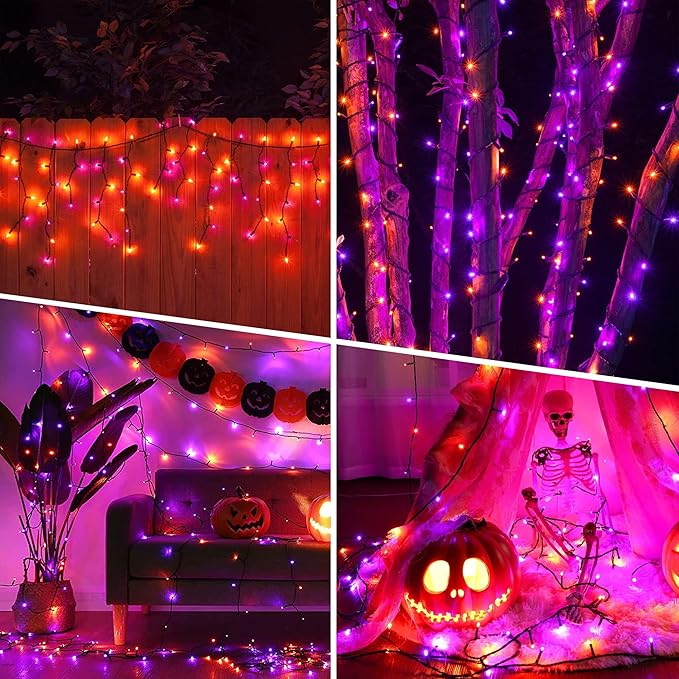 weillsnow 164FT 500 LED Halloween Lights 8 Modes Waterproof Plug in String Lights for Halloween Indoor Outdoor Yard Party Wedding Garden Home Decorations (Purple &amp Orange)