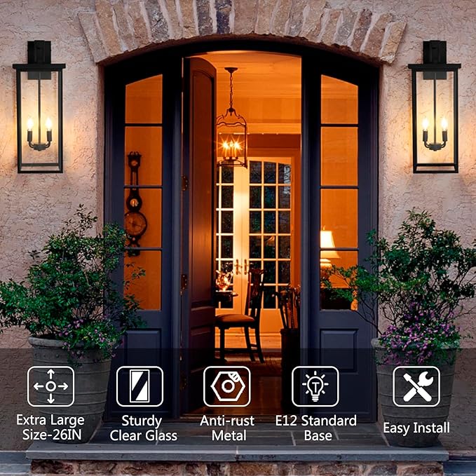 26 in Large Outdoor Wall Lantern Modern Matte Black Exterior Light Fixtures for House with Clear Glass Shade Large Outdoor Light Fixtures Wall Mount E12 Base Garage &amp Porch Wall Light