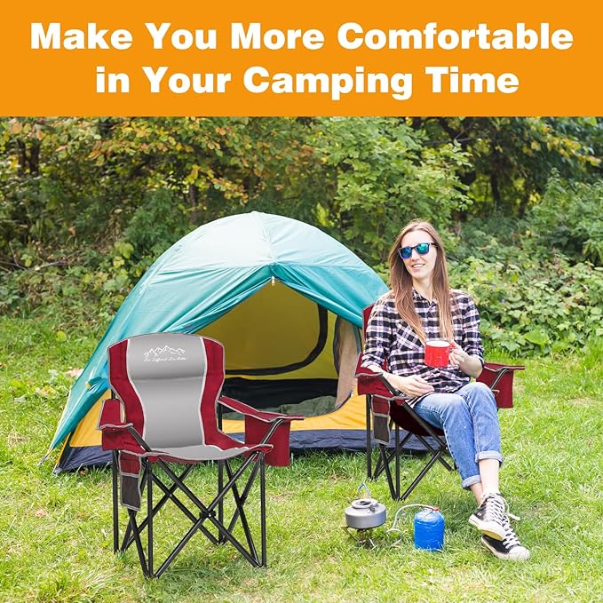 2PCS Folding Camping Chair Portable Outdoor Heavy Duty Padded Chairs Lawn Chair with Cup Holder Storage Pocket and Cooler Bag Supports 480LBS Red