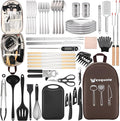 Camping Essentials Cookware Cooking Utensils Set - Portable Camp Kitchen Mess Kit Outdoor Accessories Stainless Steel &amp Silicone Camping Gear Equipment for RV Picnic GrillBrown Pro