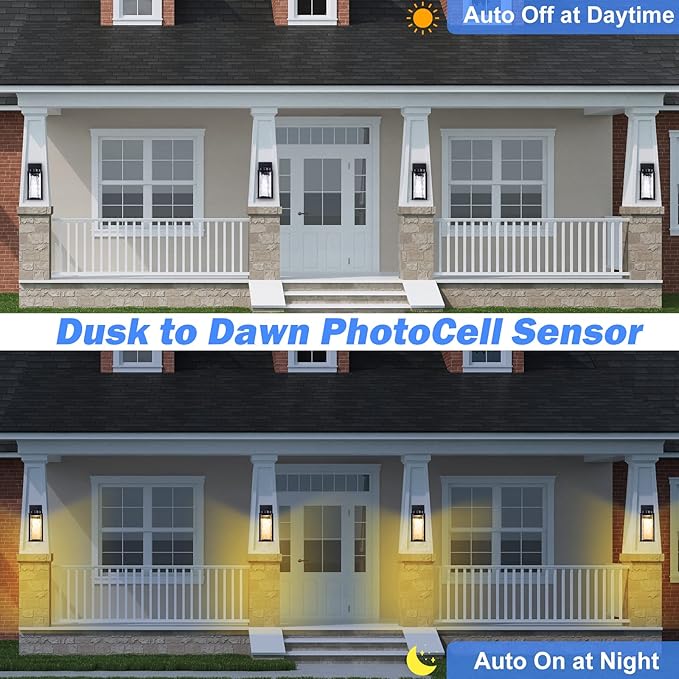 LED Dusk to Dawn Outdoor Light Fixtures - 2 Packs Modern Porch Lighting with Attractive Glass 13W 3000K LED Exterior Sconce Wall Mount with Photocell Sensor for House Front Garage Door Waterproof