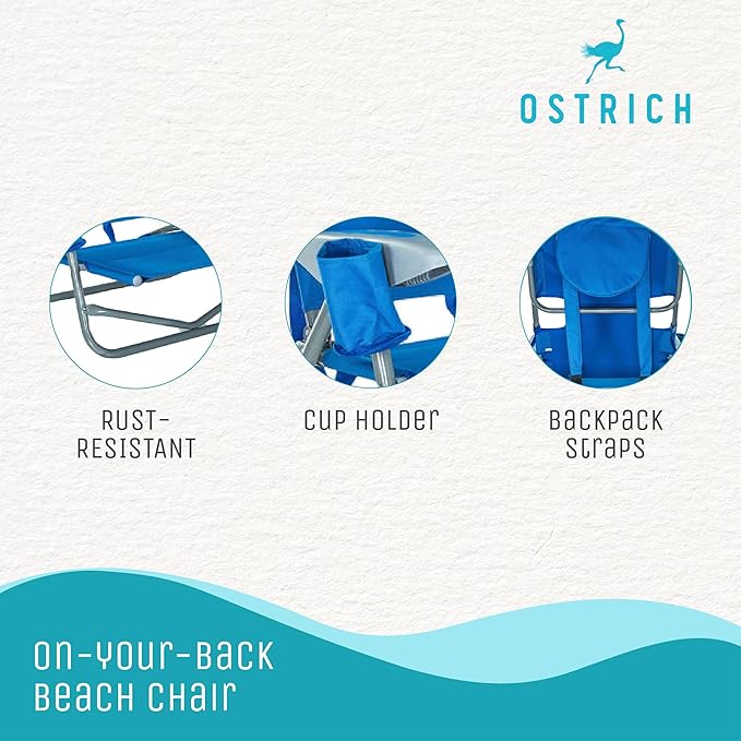 Ostrich the Heavy-Duty Backpacker Portable Beach Chair with Face Hole Adjustable Lounge Chair with Face Opening Cup Holder &amp 325lb Capacity Blue