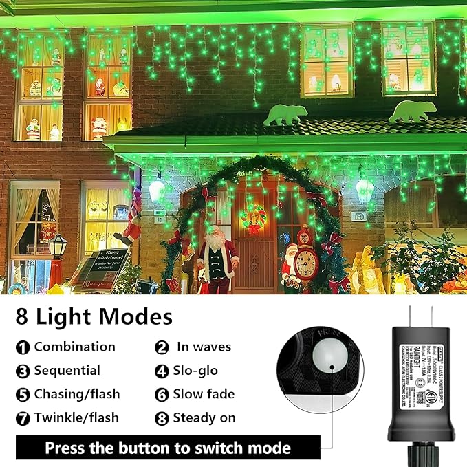 QITONG Green Icicle Lights 33ft 400 LED String Lights Outdoor with 8 Modes Clear Wire Connectable Christmas Lights Plug in Indoor
