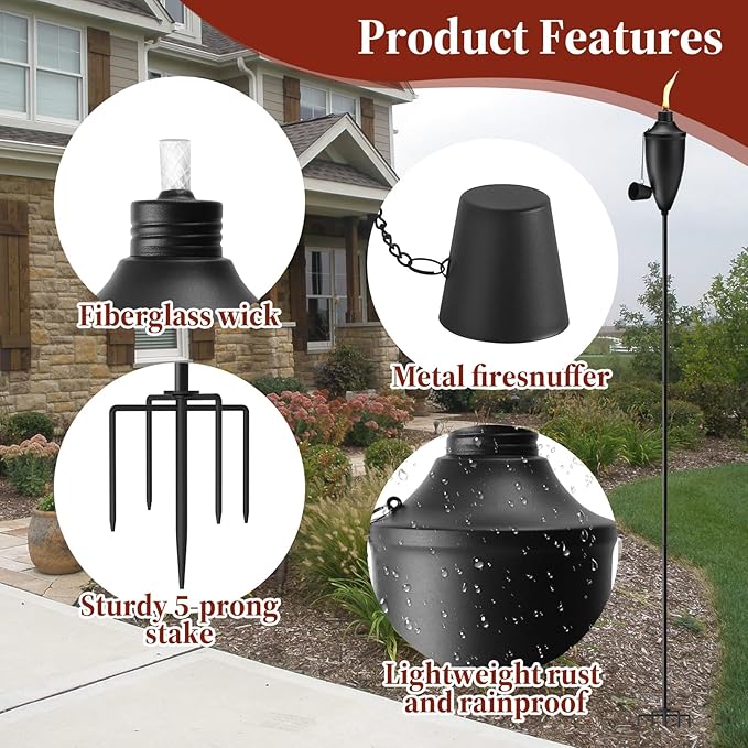 Home Garden Torch Set of 4 Large Capacity 22oz Outdoor Metal Torch Garden Décor 61 in Upgraded Citronella Torches with 5-Prong Grounded Stake Torches for Party Patio Pathway
