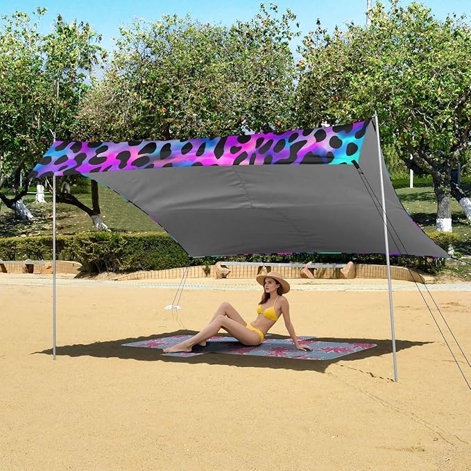 Holographic Leopard Print Beach Tent Sun Shelter 9.2' x 10.5' Beach Canopy with 4 Sandbags 4 Stability Poles Sand Shovels - Tent Canopy for Beach Camping Fishing Picnics