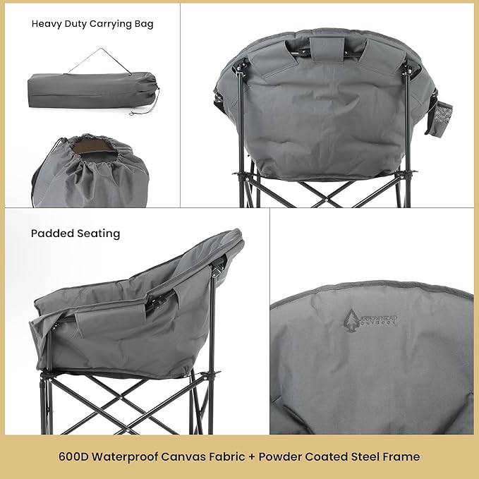 ARROWHEAD OUTDOOR Oversized Heavy-Duty Club Folding Camping Chair with Pocket Cup Holder Portable Padded Moon Round Saucer Supports 330lbs Carrying Bag