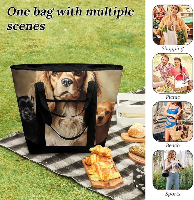 Insulated Shopping BagLarge Reusable Cooler Bags Cocker Spaniel Printed Foldable Shopping BagTravel Waterproof Shoulder Bag