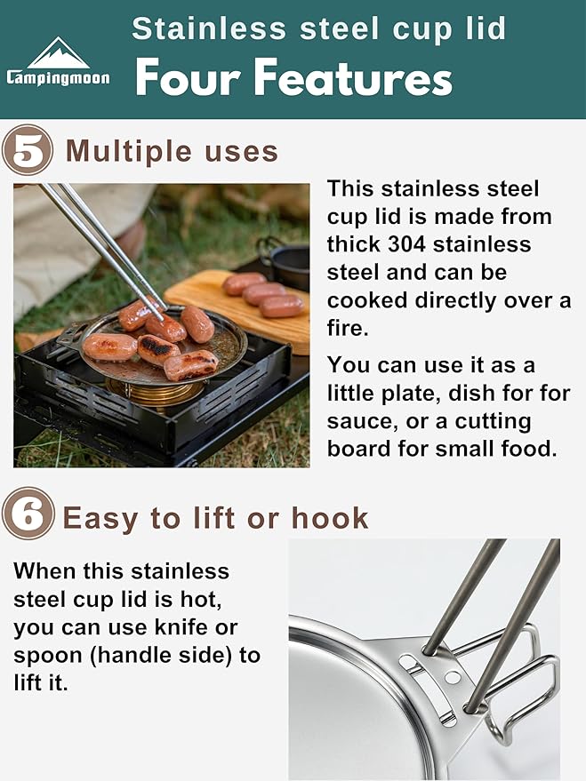 CAMPINGMOON 600ml (20oz) Stainless Steel Camping Mug Lightweight Outdoor Cooking Cup for Backpacking Hiking and Campfire Use (Silver (cup+lid))