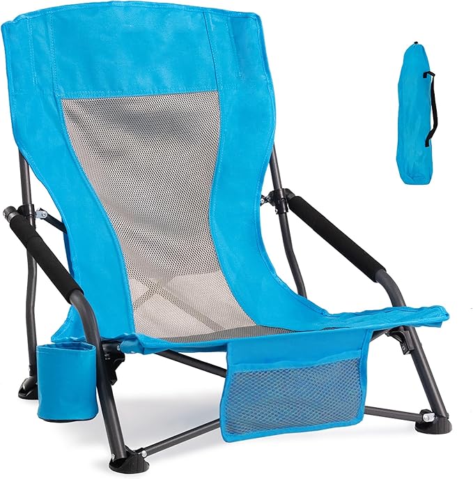Portable Folding Beach Chair for Adults - Lightweight Low Back Sling Chair with Cup Holder &amp Storage Pocket 300lbs Capacity Camping Chair for Outdoor Lawn Concert Travel (Blue)