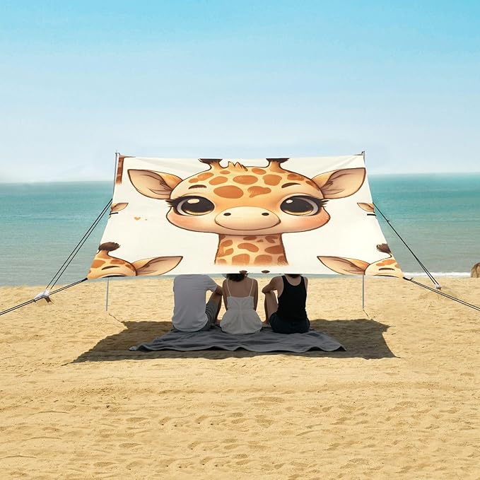 Cute Baby Giraffe Face Pattern Camping Sun Shelter Beach Tent Portable Beach Sun Shade Outdoor Canopy for Camping Trips Fishing Picnic