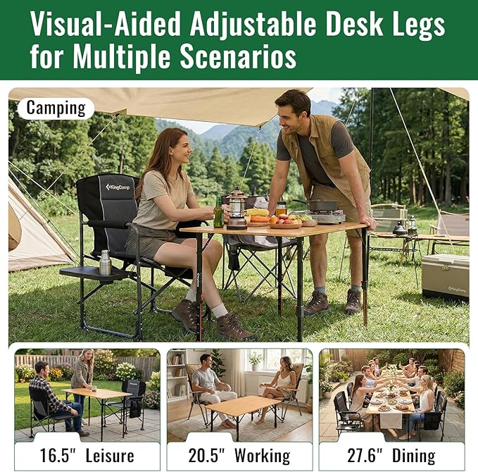 KingCamp 4-Fold Bamboo Camping Table with Serrated Adjustable Legs (16.5 to 27.6) Heavy-Duty Aluminum Frame &amp Carry Bag for Outdoor RV Picnic Beach