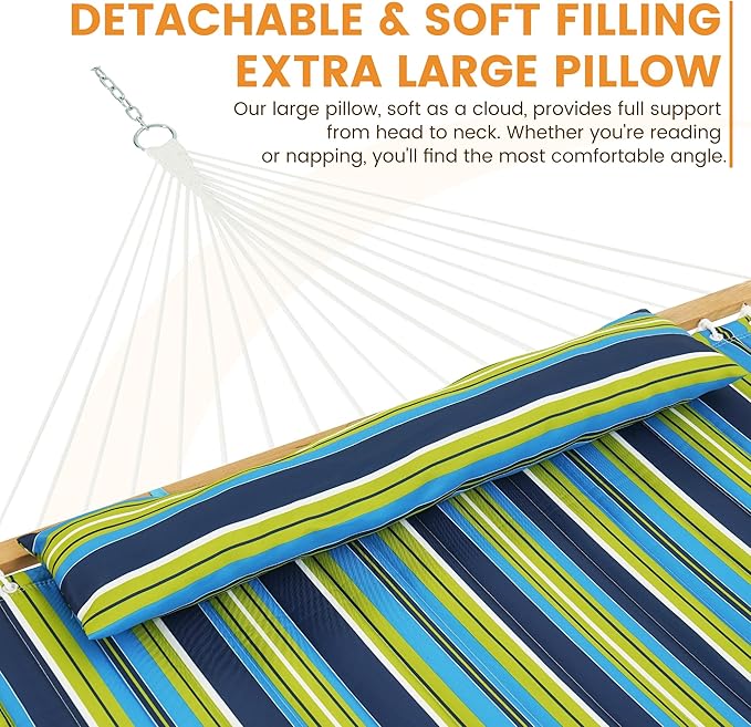 Lazy Daze Hammocks 12 FT Quilted Fabric Double Hammock with Spreader Bars and Detachable Pillow 450lbs Weight Capacity Blue Green Stripes