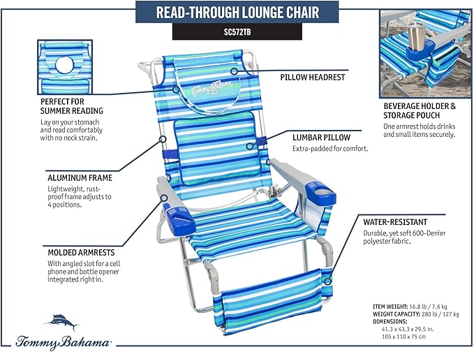 Tommy Bahama 4-Position Face-Opening Read Through Lounger with Ottoman Portable Folding Beach Chair Blue Stripe