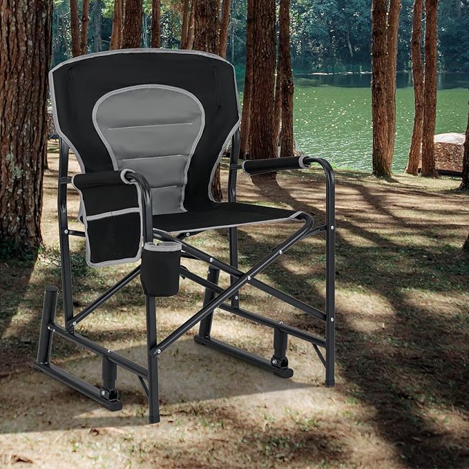 Goplus Outdoor Rocker Camping Chairs for Adults Portable Folding Chair w/Dual Springs Padded Back Cup Holder Storage Pocket Heavy-Duty Rocking Arm Chair for Beach Lawn Travel Fishing(2Black)