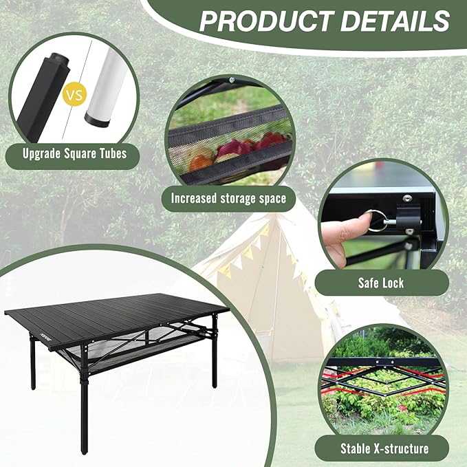 Large Folding Camping Table Aluminum with Storage for 4-6 People 55X27.5 Roll Up Tall Outdoor Portable Table Lightweight with Carry Bag for Picnic BBQ Backyard Beach
