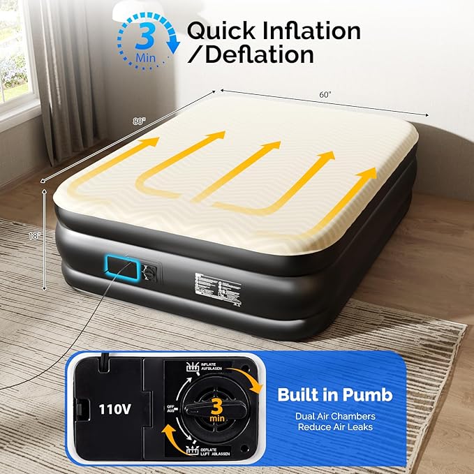 VINGLI Deluxe Air Mattress with Built-in Pump 18 Raised Blow Up Mattress with Soft Flocked Top Leakproof Inflatable Mattress for Camping Home Guestswith Storage Bag (Luxury Kaqi Queen)