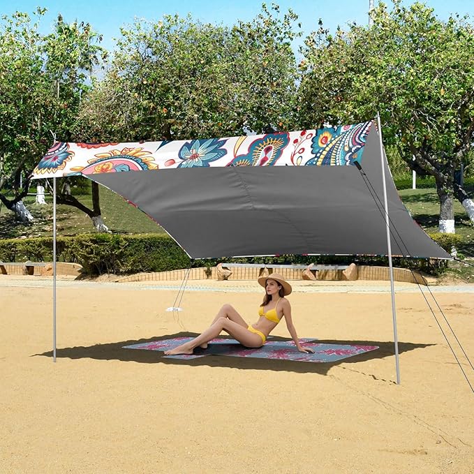 Colorful Paisley Pattern Beach Tent Sun Shelter 9.2' x 10.5' Beach Canopy with 4 Sandbags 4 Stability Poles Sand Shovels - Tent Canopy for Beach Camping Fishing Picnics