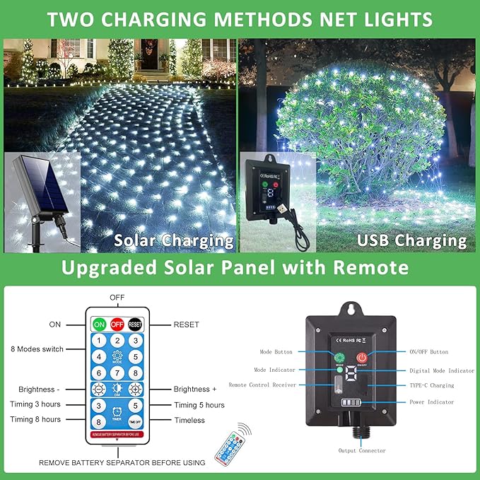 11.5FT x 5FT Solar Christmas Net Lights Outdoor with Remote 240 LED USB Cool White Mesh Lights for Bushes Waterproof 8 Modes Green Wire Christmas Trees Light Patio Indoor Decor