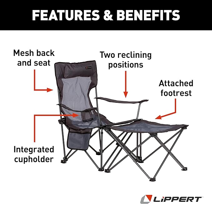 Lippert Sun Soaker Two-Position Vented Reclining Camping Chair with Footrest 600D Polyester Fabric Mesh Back/Seat Padded Headrest Cupholder 250-lb. Weight Capacity Dark Grey Color - 2022114830
