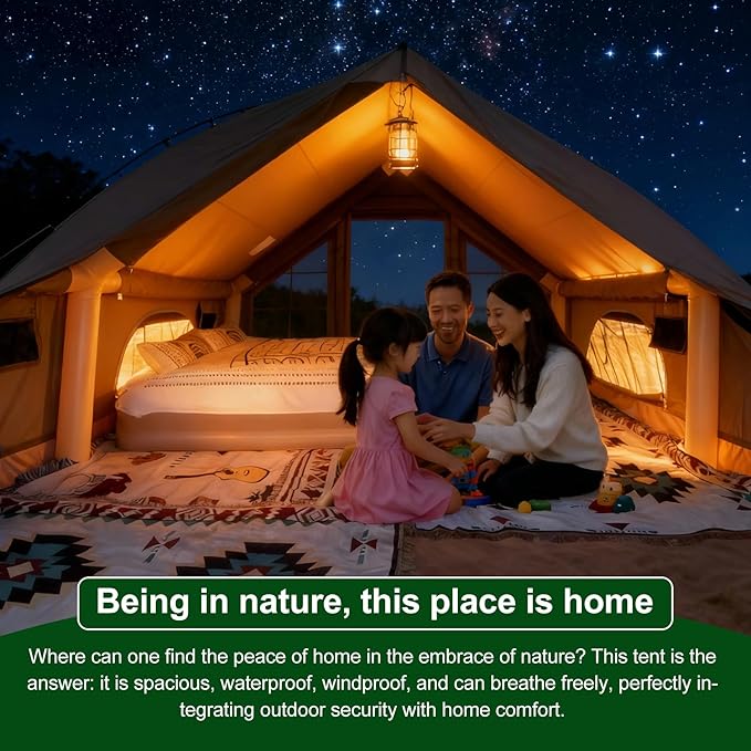 Inflatable Cotton Canvas Tent 12㎡ Waterproof &amp Windproof Family Shelter for 4–10 Campers All-Season Outdoor Tent with Skylight and Stove Jack