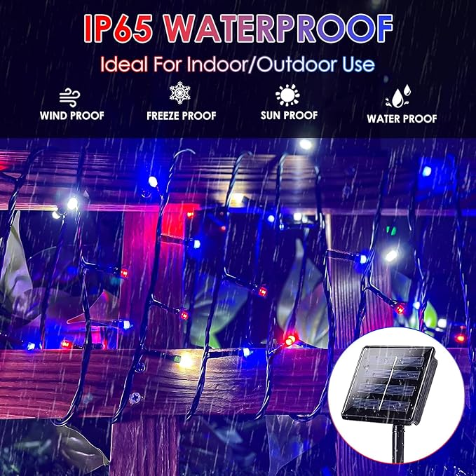 4pk Solar Christmas Lights Outdoor Red White and Blue Solar String Lights 400LED 132FT LED 4th of July Light Waterproof Solar Fairy Twinkle Light for Xmas Tree Independence Day Party Decorations