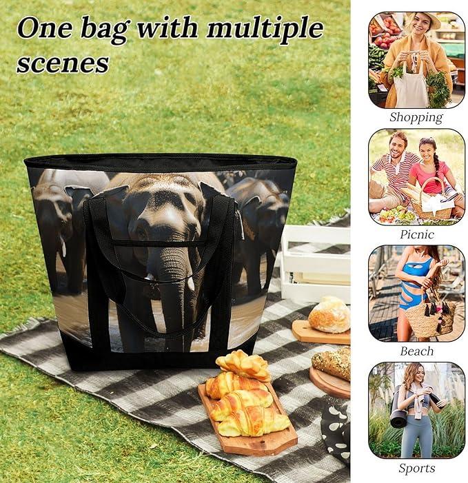 Insulated Shopping BagLarge Reusable Cooler Bags Elephant Drinking Water Printed Foldable Shopping BagTravel Waterproof Shoulder Bag