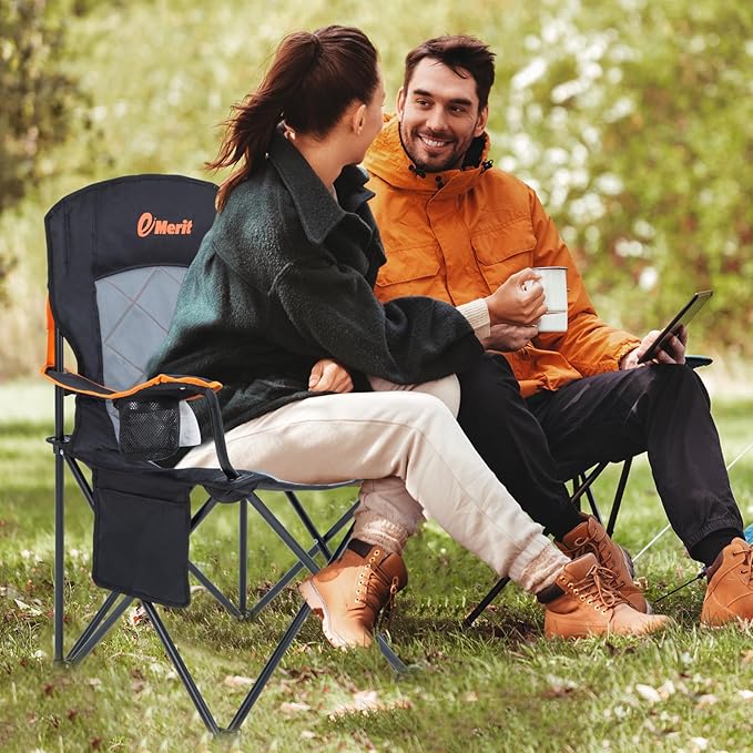 EMERIT Oversized Padded Camping Chair 350LB Heavy Duty Quad Fold Chair with Arms Collapsible Outdoor Chairs with Lumbar Back &amp Cup Holder