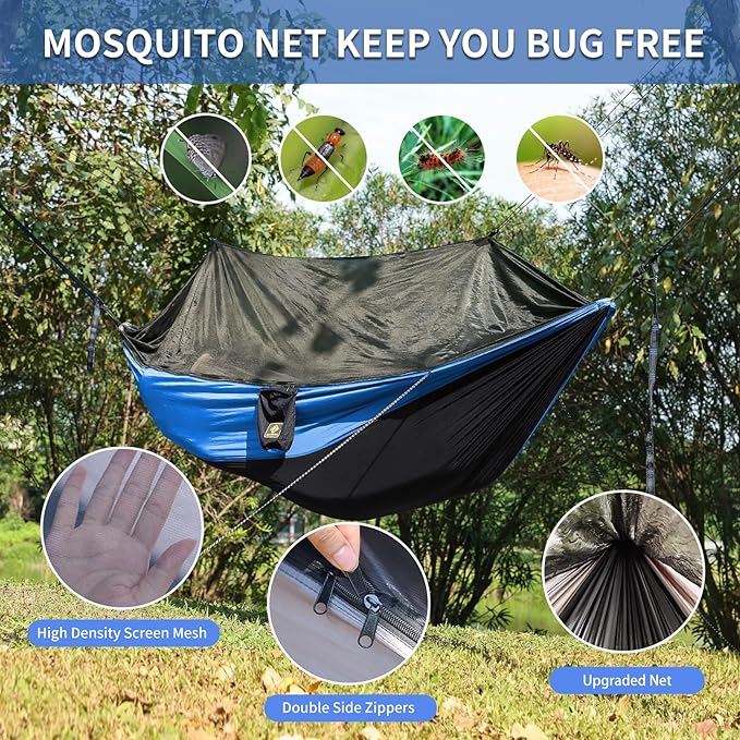 Camping Hammock with NetTravel Portable Lightweight Hammocks with Tree Straps and Solid D-Shape CarabinersParachute Nylon Hammock for Outsides Backpacking Beach Backyard Patio Hiking