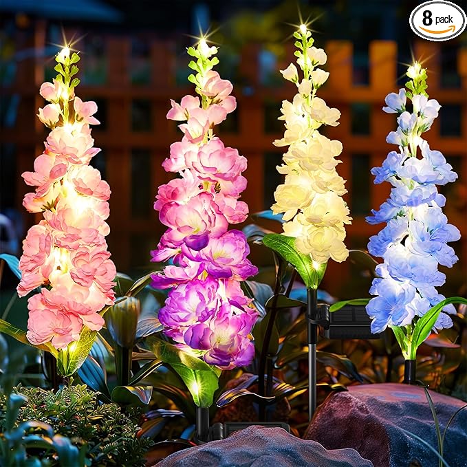 KOOPER Solar Lights Outdoor Garden Decor 8 Pack Upgraded Delphinium Solar Garden Lights with 72 LEDs Vivid Flowers Outdoor Waterproof for Landscape Patio Yard Decor