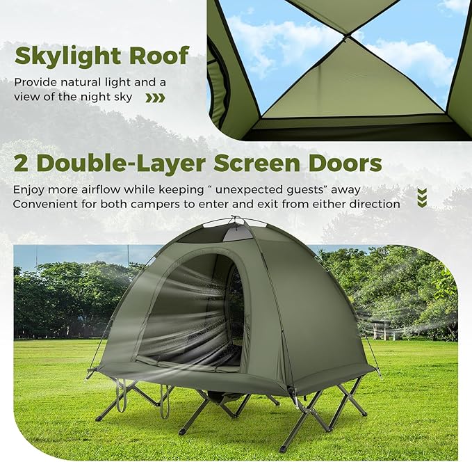 GYMAX 2-Person Tent Cot 3 in 1 Folding Off-Ground Cot Bed Combo with Portable Wheeled Bag Waterproof Rainfly 2 Mesh Doors &amp Skylight Roof for Hiking Backpacking Outdoor