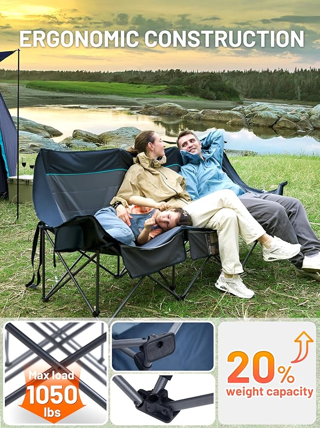Timber Ridge 3 Person Camping Chair with Cup Holders and Pockets Outdoor Folding Loveseat Camping Chairs 1050lbs Capacity Heavy Duty Camp Couch for Outside Picnic Beach Lawn Sports Blue