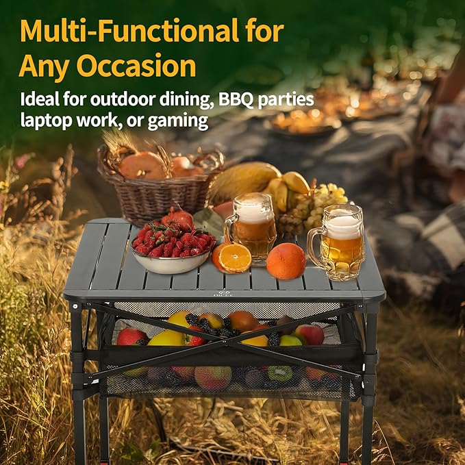 Nice C Aluminum Square Table Adjustable Height Folding Camping Table Lightweight Collapsible Table with Roll-up Tabletop Carry Bag for Outdoor Camping Picnic backyards BBQ (27'' Large)