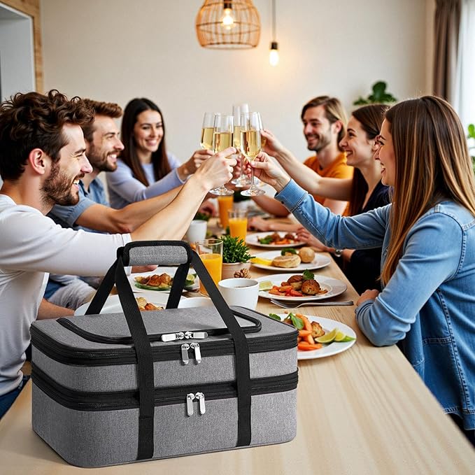 Double Insulated Casserole Carrier - Portable Casserole Carriers for Hot or Cold Food Lunch Tote Warmer or Cooler Bag for Potluck Parties Picnic Cookouts Fits 9 x 13 Baking Dish - Grey