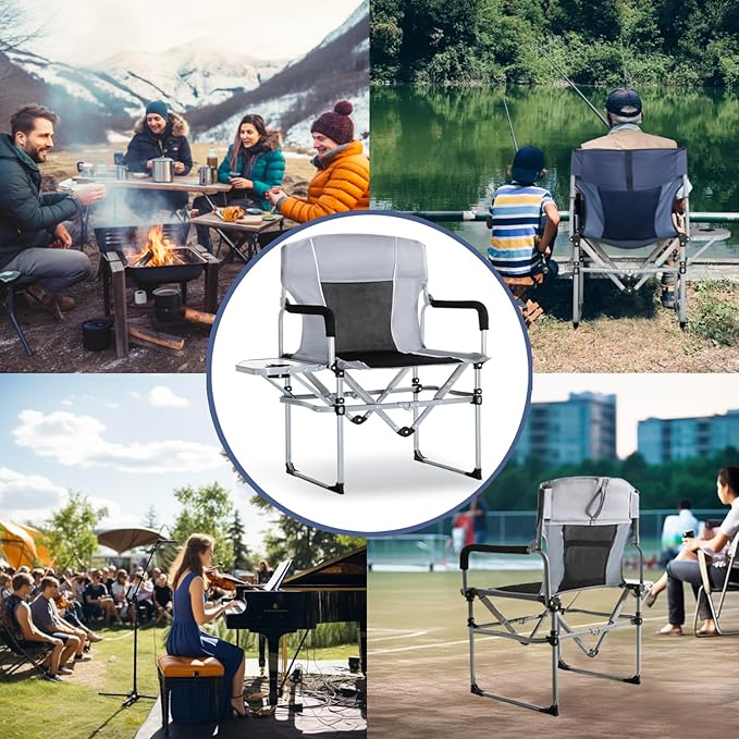 SHALLWE Oversized Director Chairs No Assembly Heavy Duty Folding Chair with Side Table for Camping Fold Up Outdoor Lawn Chairs for Adults Light Grey
