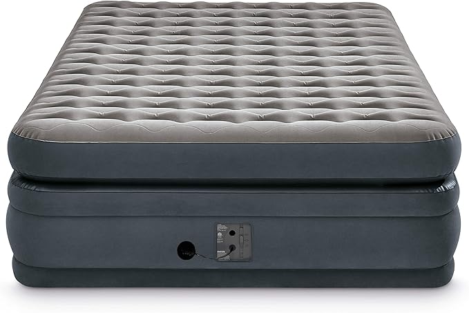 Intex 22in Queen Dura-Beam Deluxe Inflatable Blow Up Elevated Air Mattress Airbed with Built in Pump for Home Camping Guests Ultra Comfort