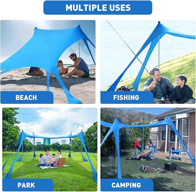 Beach Tent Sun Shelter 10x10ft Beach Canopy Easy Pop Up Sun Shade Portable UPF50+ with 8 Sandbags-2 Sand Shovel-4 Aluminum Poles-Ground Pegs for Outdoor Family Camping Fishing Backyard Picnic