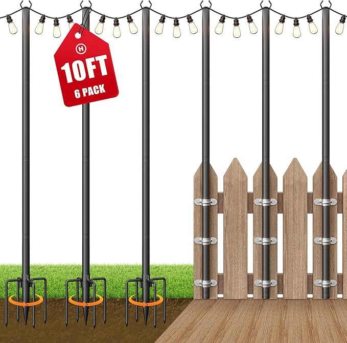 6 Pack String Light Poles for Outside 10Ft Adjustable Outdoor Light Poles for String Lights Outdoor Lighting Stand with Fork for Patio Deck Backyard Garden Party &amp Wedding