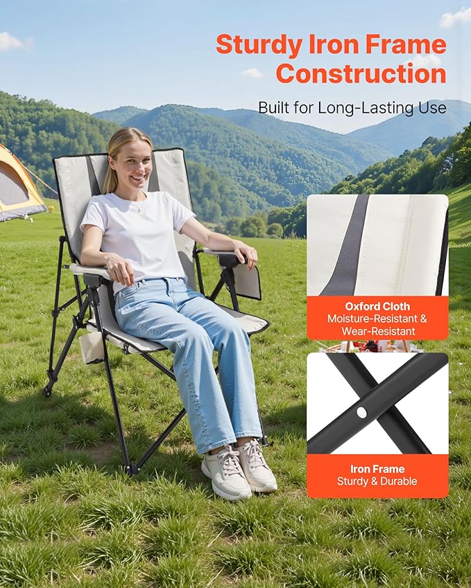 VEVOR Folding Camping Chair 3 Reclining Positions Outdoor High Back Camping Chair 260lbs Weight Capacity Full Padded Beach Chairs with Armrest &amp Headrest Portable Lawn Chairs for Sports Trave