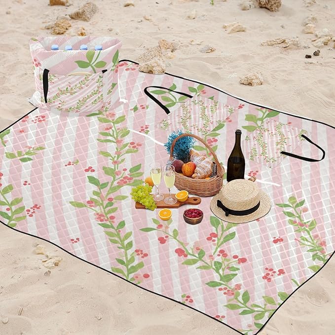 KLL Pink Green Stripe Pattern with Flowers Waterproof Beach Mat Cute Picnic Picnic Accessories Outdoor for 8 To 10 Adults Summer Gift cojines para picnic