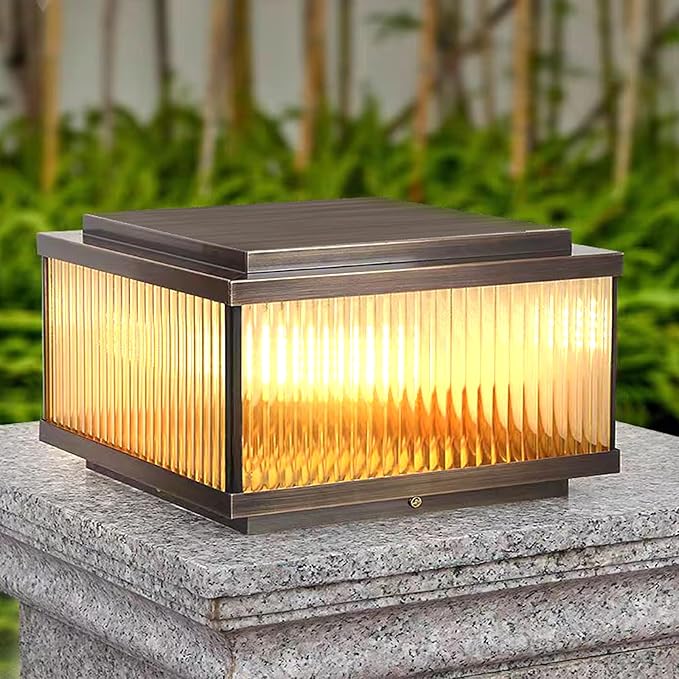 All Copper Steel Glass Outdoor Post lights Waterproof Pillar Light Vintage Patio Lawn Column Lampoutdoor column lightsDeck Lights Lantern Fence Lamp Fixture E26 Base (Electricity 12X12IN)