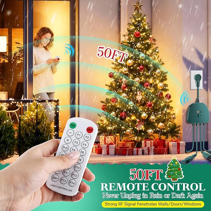 Christmas Light Controller with Remote Create Dazzling Lighting Displays with Multiple Functions Timer Dusk to Dawn Sensor Adjust Speed for Outdoor Indoor String Light (4 Channel 14 Functions)