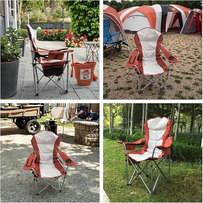 Wild Scape Oversized Folding Camping Chair Foldable Beach Chairs for Adults with Cup Holder Cooler Pocket Storage Bag Heavy Duty Portable Fishing Chair for Outdoor Garden Picnic (Orange-red)