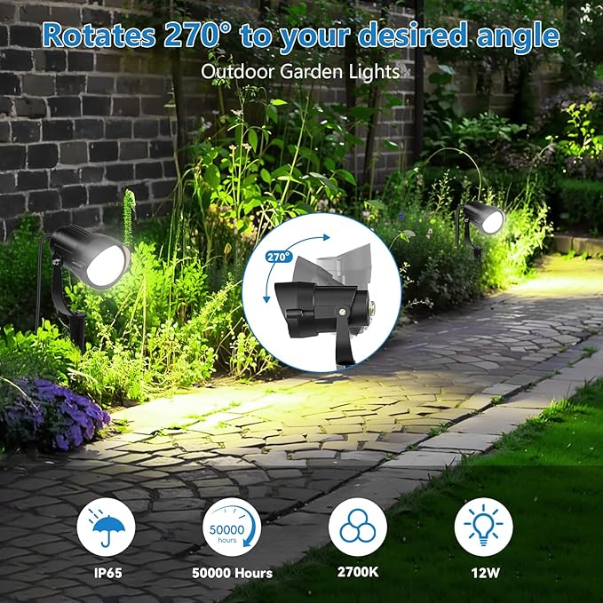 HIBOITEC 12W Spot Lights Outdoor 110V to 120V Landscape Lighting Waterproof Spotlight with 4.9ft 3-Plug LED Plug in Landscape Lights for Yard Gardern Decorations 5000K 2Packs