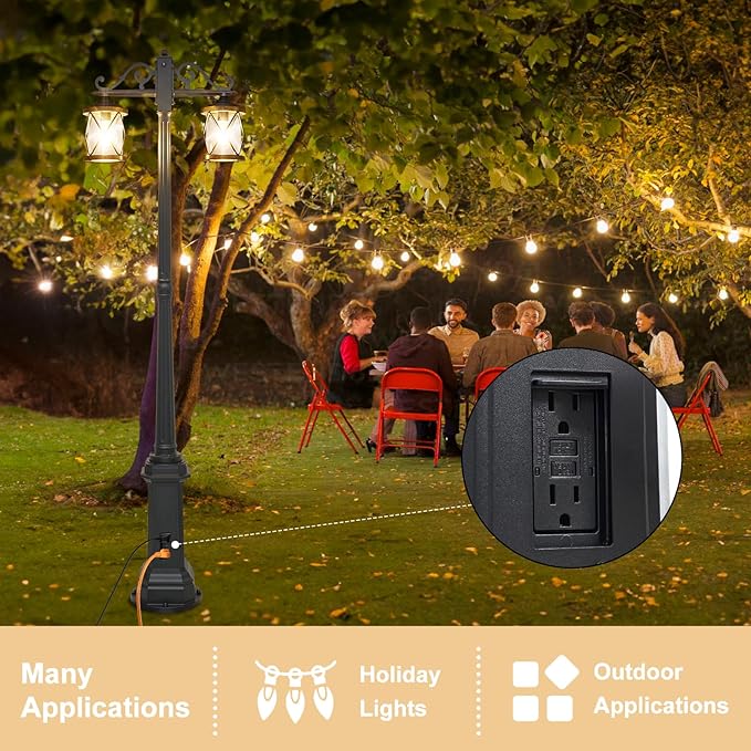 Dusk to Dawn Outdoor Lamp Post Lights with GFCI OutletDouble-Head Farmhouse Street Light FixtureAluminum Black Pole Exterior Lights Waterproof Lantern Outdoor Lighting