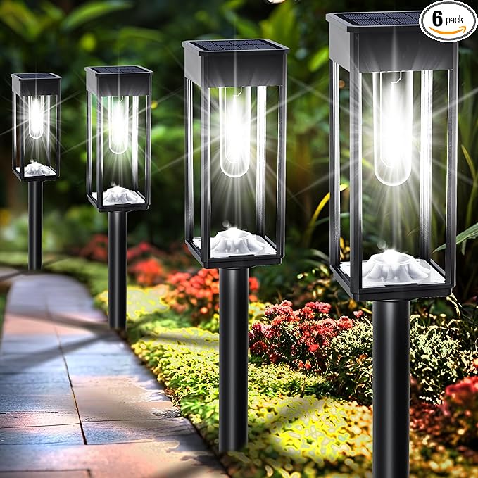 Solar Pathway Lights Outdoor IP65 Waterproof 6 Pack 6500K LED Auto On/Off Walkway Landscape Light for Yard Lawn Garden Patio Driveway Outside Decor Cool White