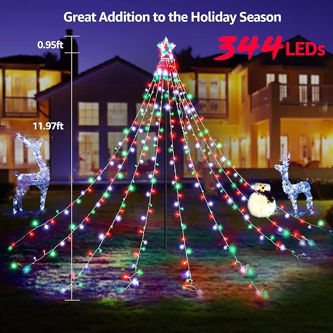BlcTec Outdoor Christmas Lights 344 LED Christmas Star Lights with 9 Strands 11.9ft Waterfall Tree Lights 8 Modes Waterproof &amp Timer for Garden Yard Patio Outdoor Xmas DecorationsRed Green Whit