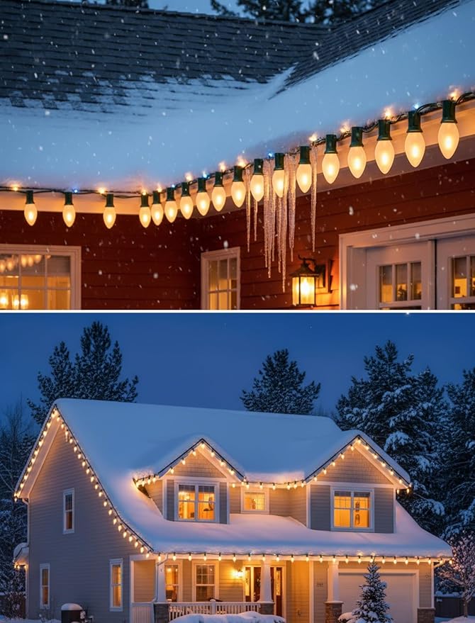 25FT C7 LED Christmas LightsFrosted White LED C7 Christmas String Lights with 27 LED BulbsCommercial Hanging Lights Candle House Porch Balcony Party Decor