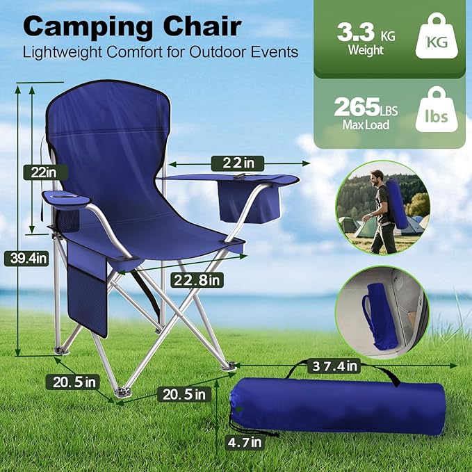 Folding Camping Chairs Durable 600D Oxford Portable Outdoor Chair with Cooler Pouch Cup Holder &amp Storage Pocket for Camping Beach Fishing