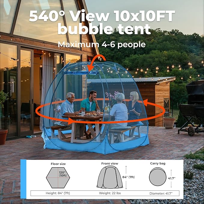 Pop Up Bubble Tent for 4-8 People - 10x10ft Large Oversize Weather Proof Pod - Cold Protection Camping Tent - Winter Instant Igloo Tent for Outdoor Activities Blue
