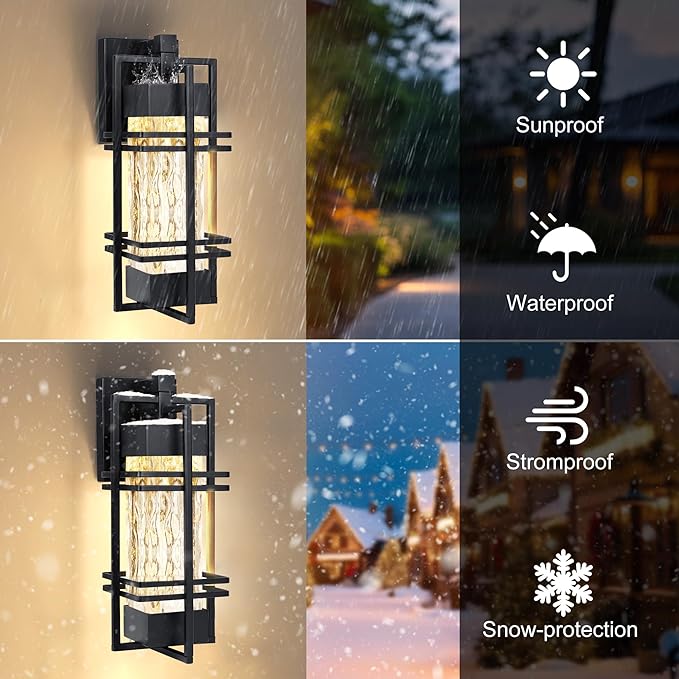 Outdoor Front Porch Light Fixtures Wall Mount Water Ripple Outdoor Wall Lantern2 Pack Black Exterior Lighting Fixtures Waterproof Sconce Lights Outside Lantern Lamp for Garage(Bulb Included)